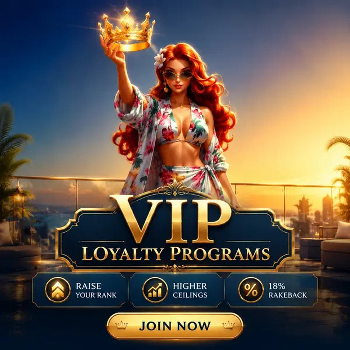 Elegant woman presenting golden VIP crown at Gambloria loyalty program rooftop celebration