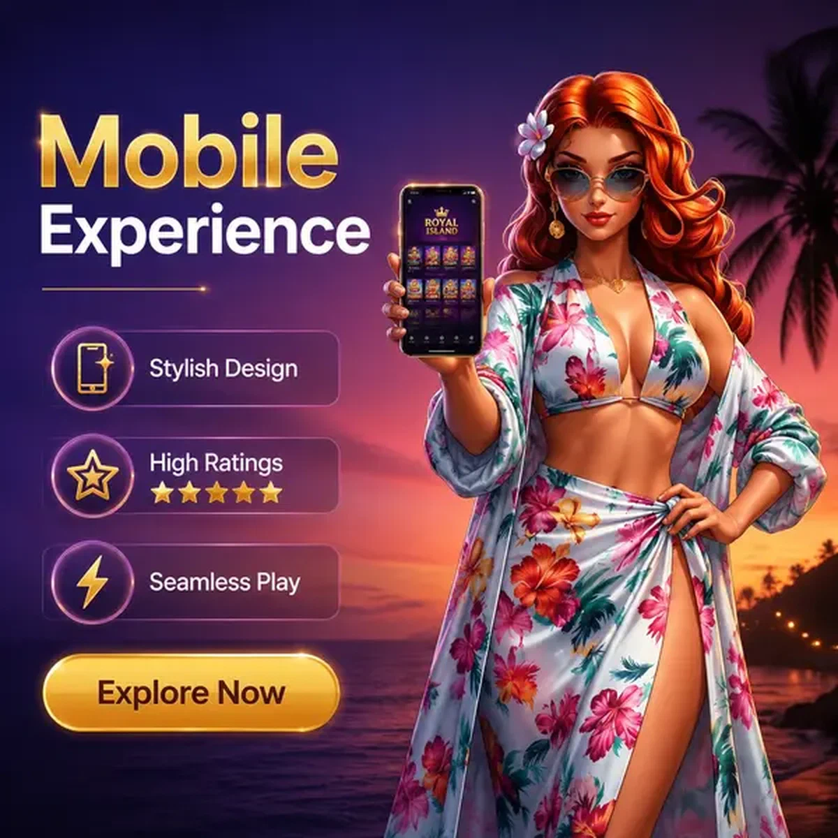 Stylish character presenting Gambloria mobile app with confident flair against sunset gradient